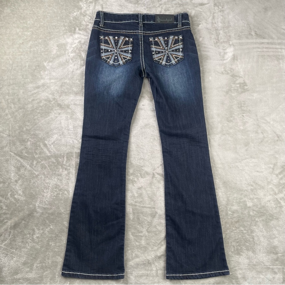 Soundgirl Jeans 7 Flare Y2K Low Rise Union Jack Rhinestone Pocket Dark Wash